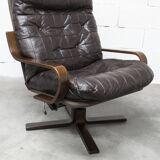 Fauteuil scandinave 1970 bois laminé courbé assise Cuir