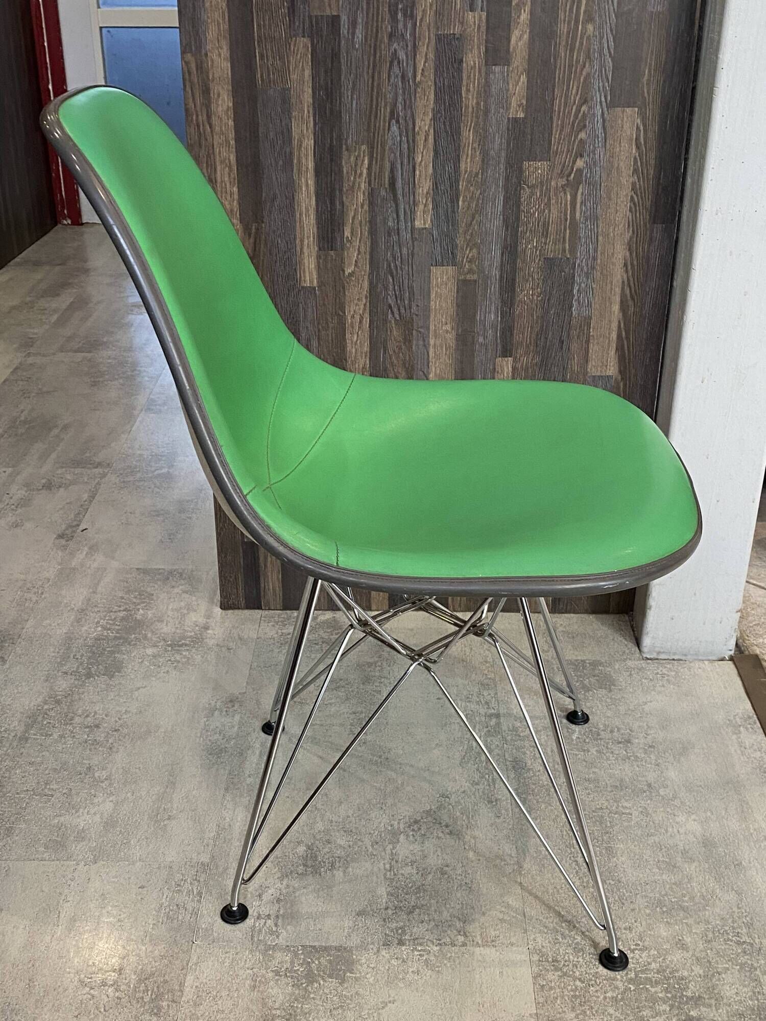Eames Herman Miller DSR Eiffel chair in green greige fibreglass and vinyl.