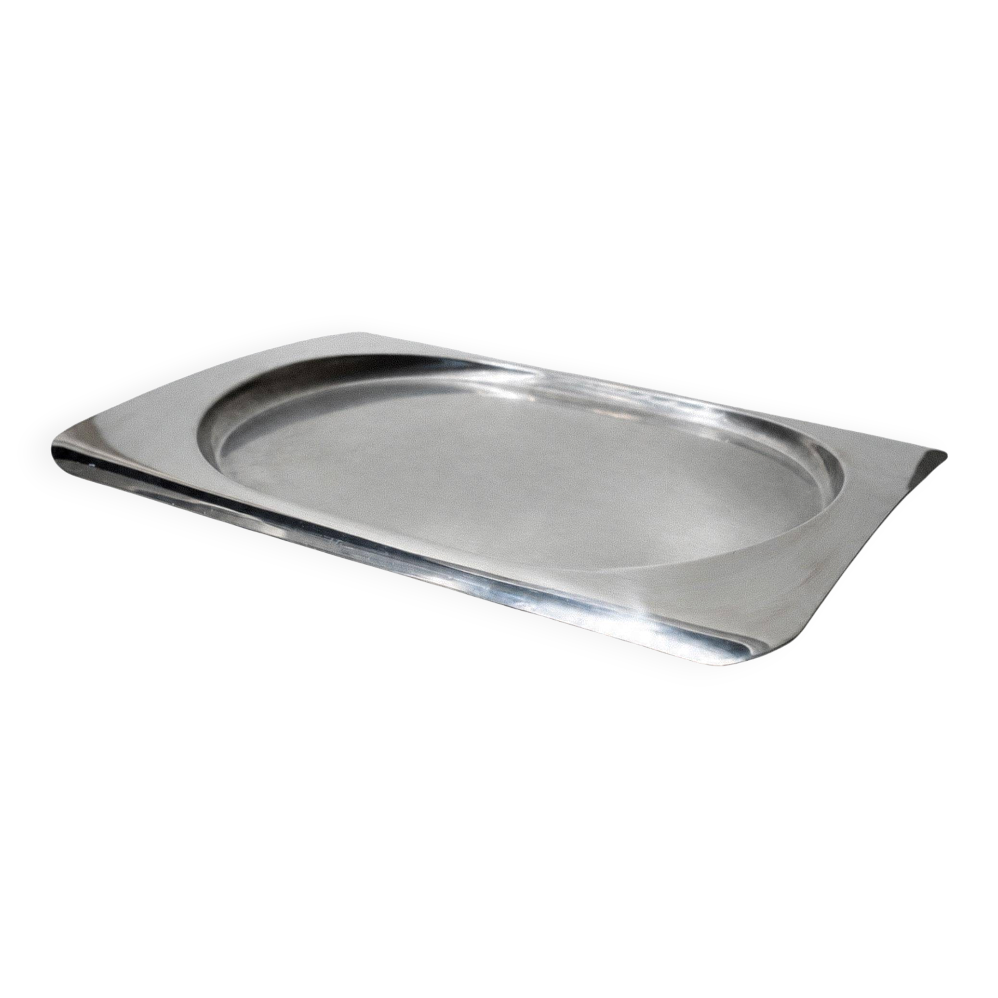 1990s vintage stainless steel platter, rectangular with an oval indentation, minimalist modern design.