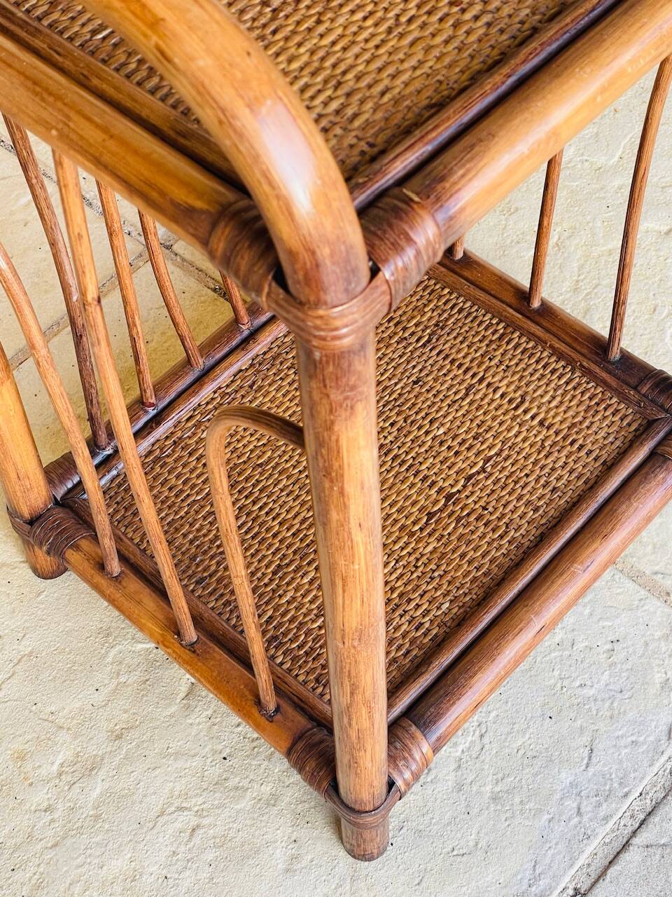 Vintage bamboo and wicker bedside table with 2 shelves, circa 1970