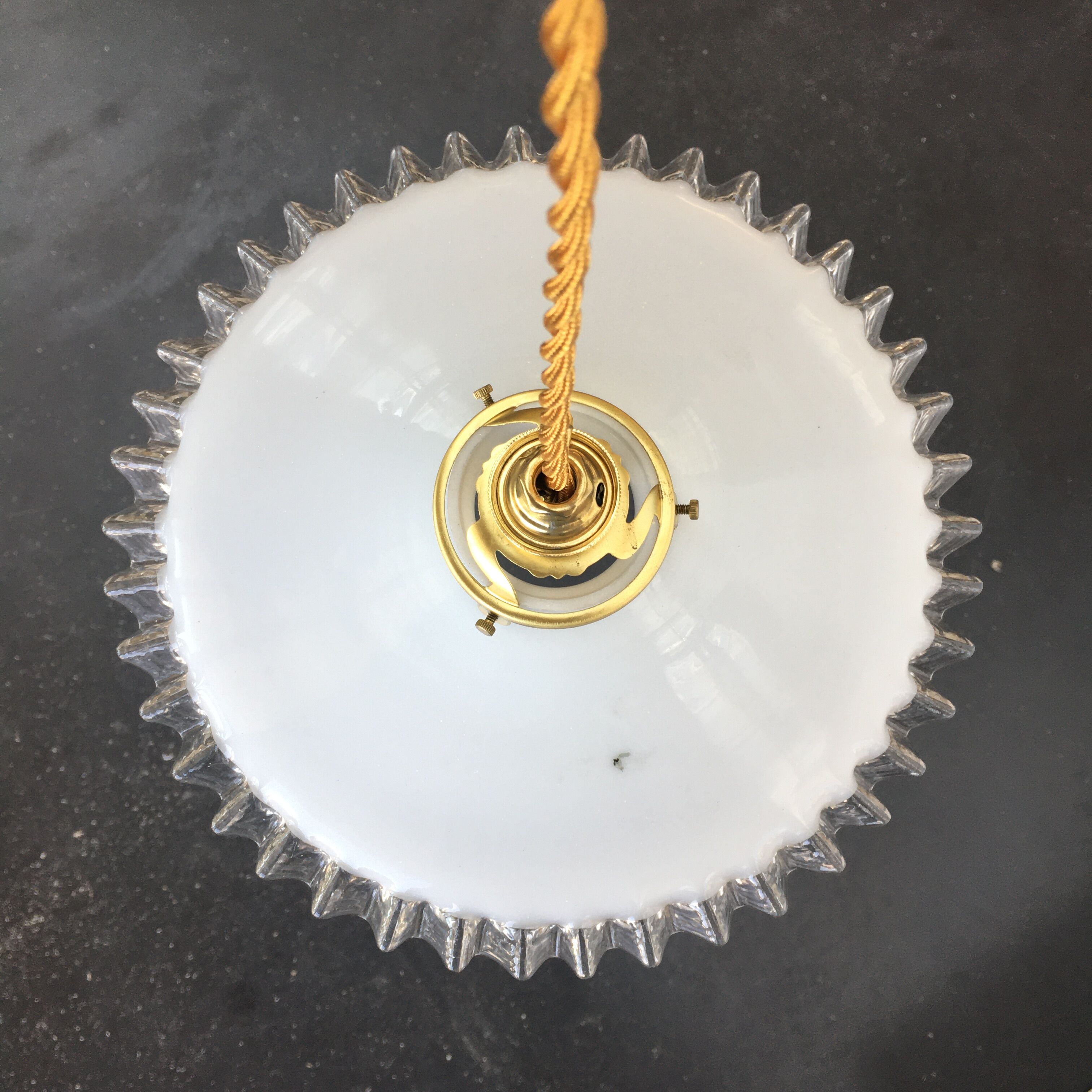 Pair of white opaline and toothed edges hanging lamps