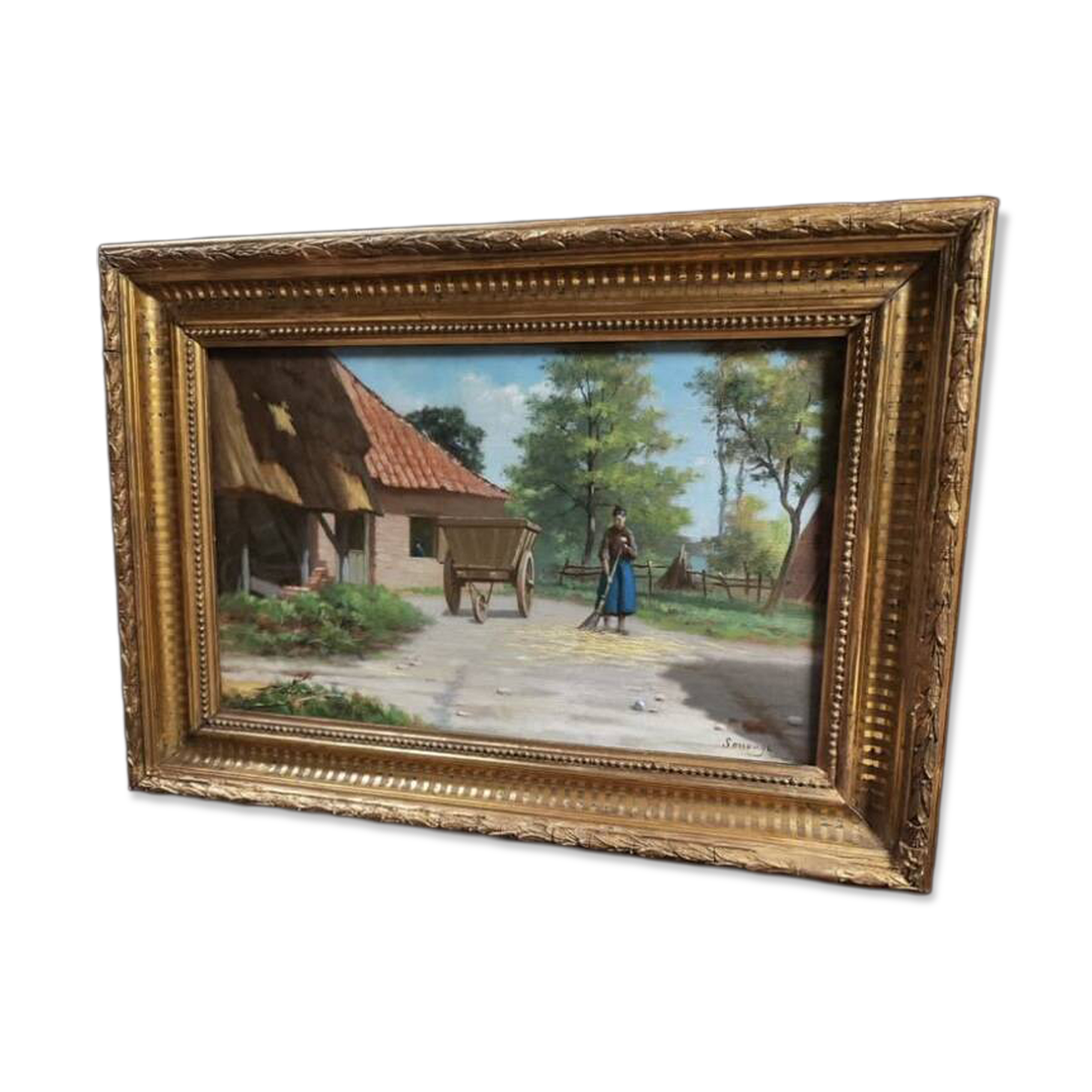 Antique oil painting, french barbizon school, wooden frame