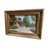 Antique oil painting, french barbizon school, wooden frame