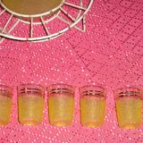 Service à liqueur en verre granité jaune avec présentoir métal, années 60/70