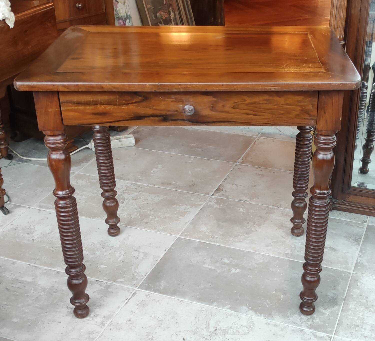 Old office side table/1 drawer/turned wood feet