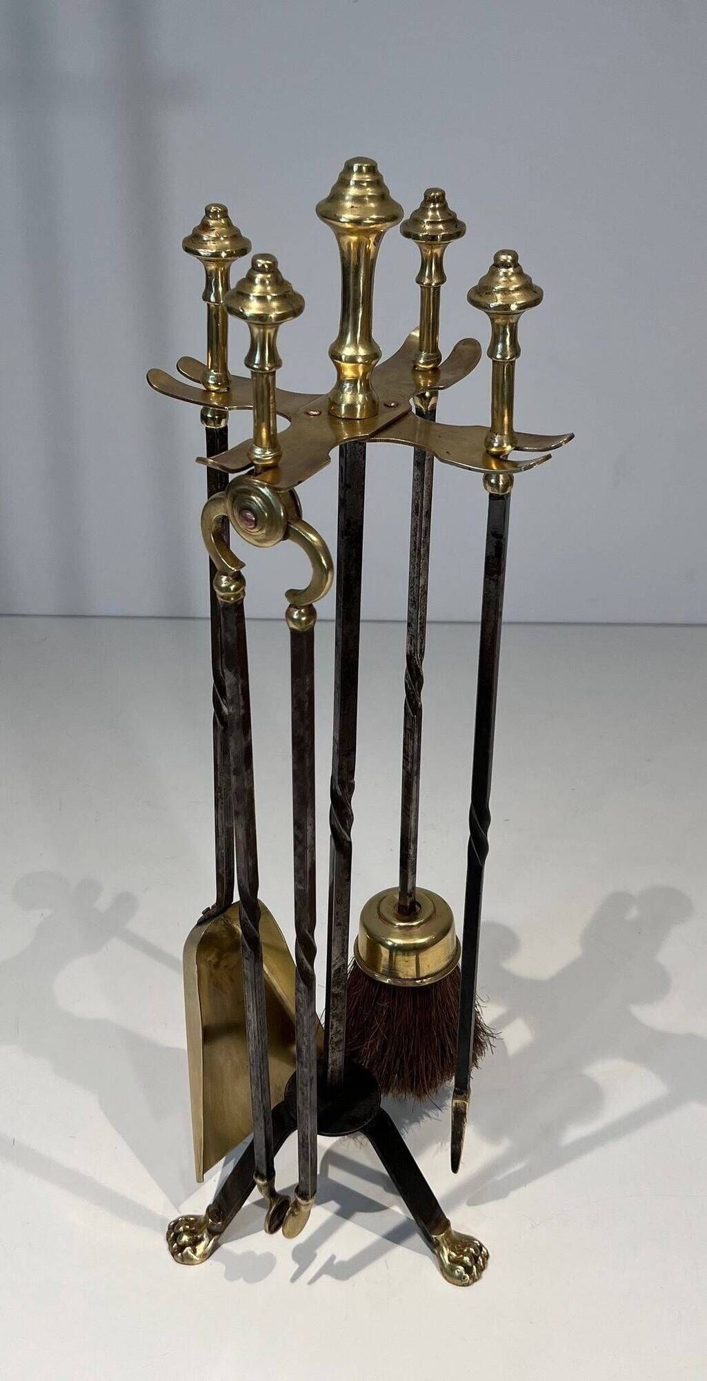 Fire Tool Set in Brass and Brushed Steel with Claw Feet, Attributed to the