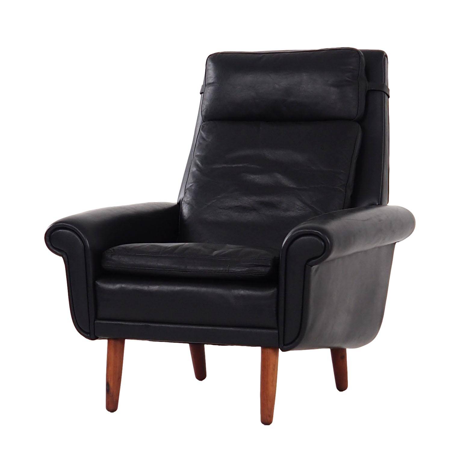 Black leather armchair, Danish design, 1970s, production: Denmark