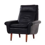 Fauteuil en cuir noir, design danois, années 1970, production : Danemark