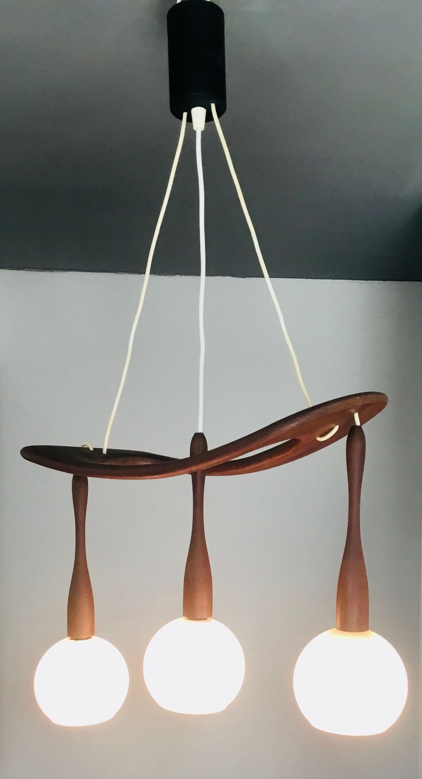 3-lamp suspension Rispal teak and opalines - 1950