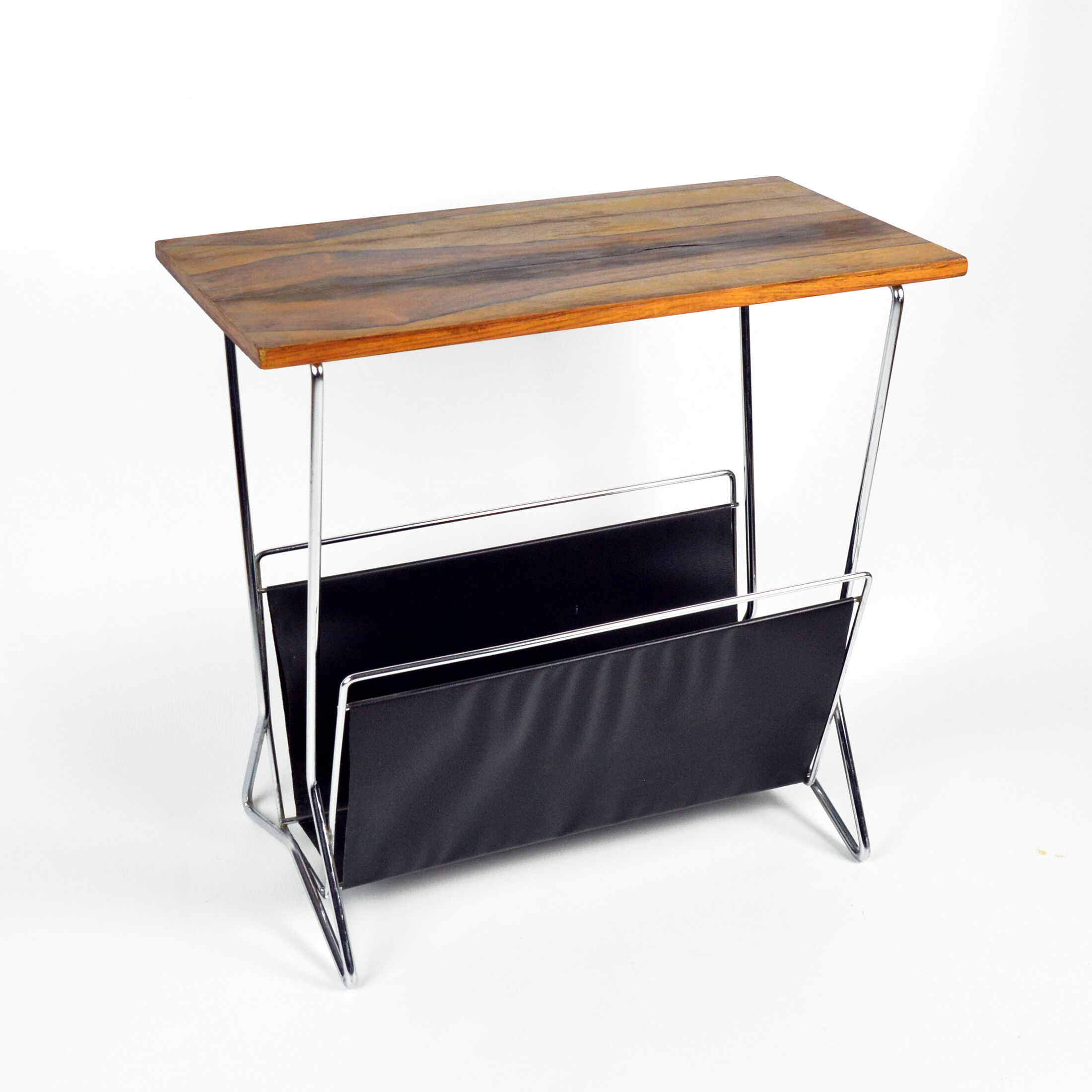 1970s modernist metal newspaper rack with a rosewood top, Sweden