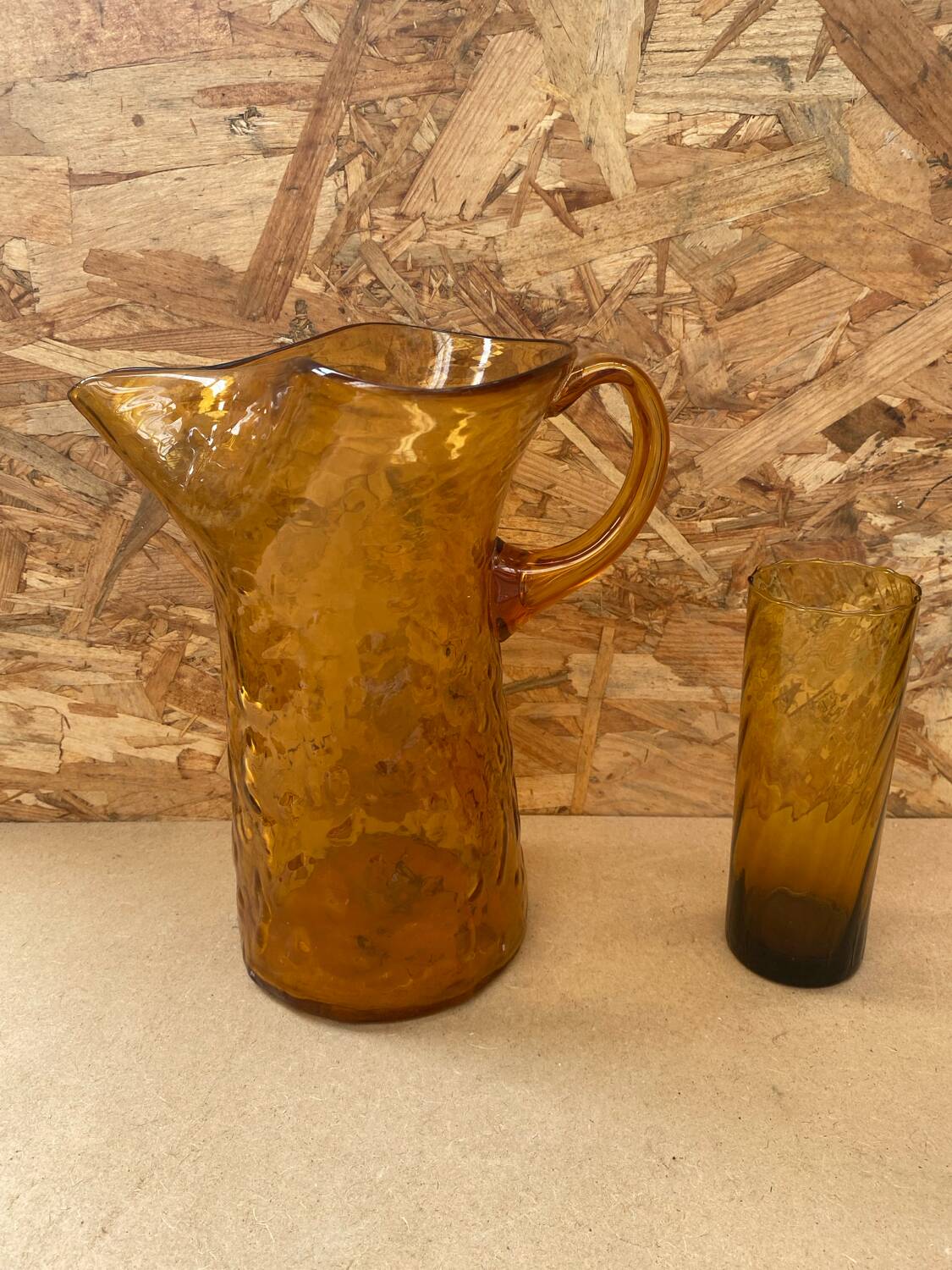 Orangeade carafe service + 5 vintage orange blown glass glasses