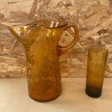 Ancien service a orangeade carafe + 5 verres verre soufflé orange vintage