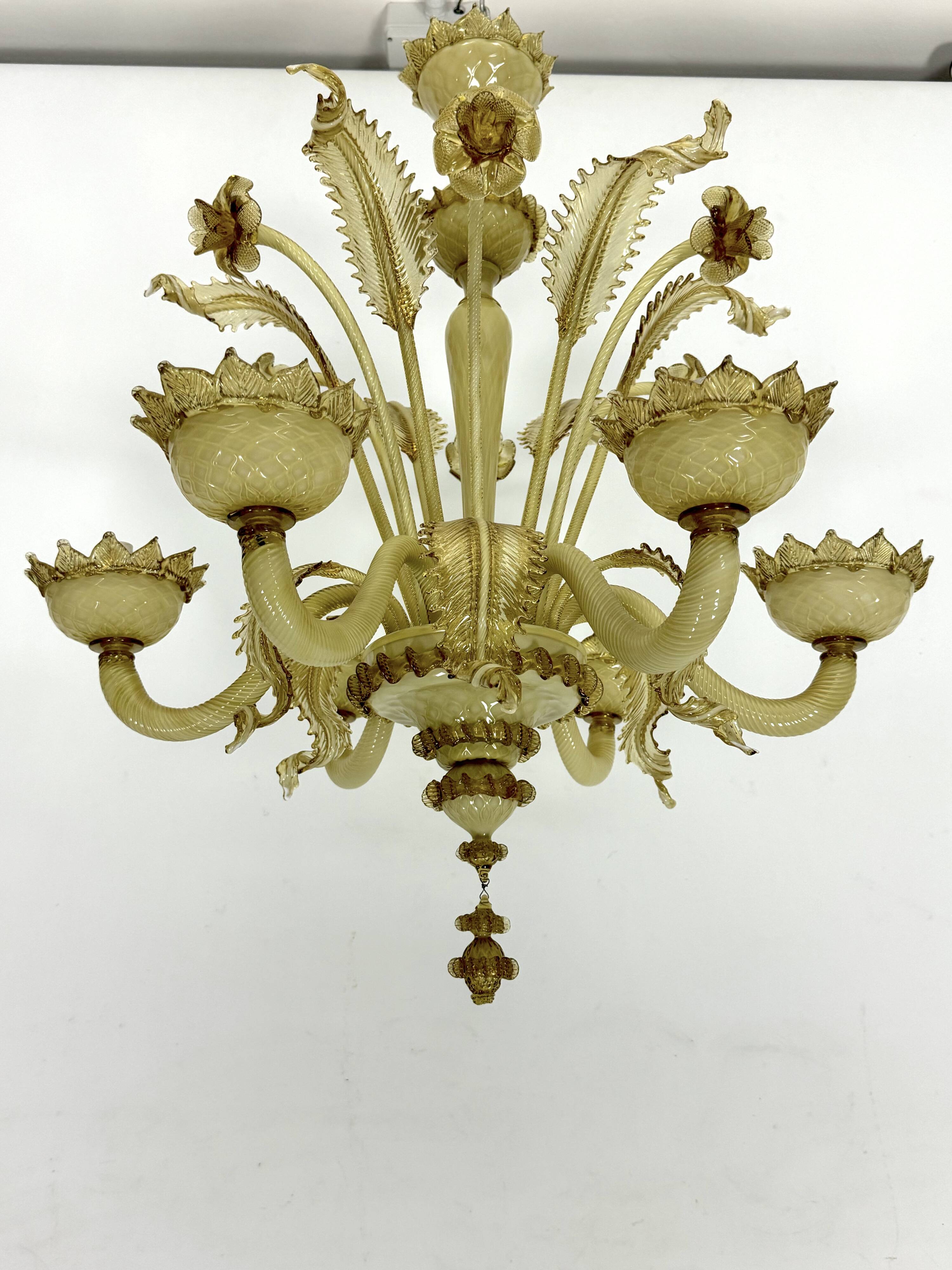 Vintage 6 arms handcrafted floral Murano glass chandelier with gold. Italy 1950s