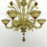 Vintage 6 arms handcrafted floral Murano glass chandelier with gold. Italy 1950s