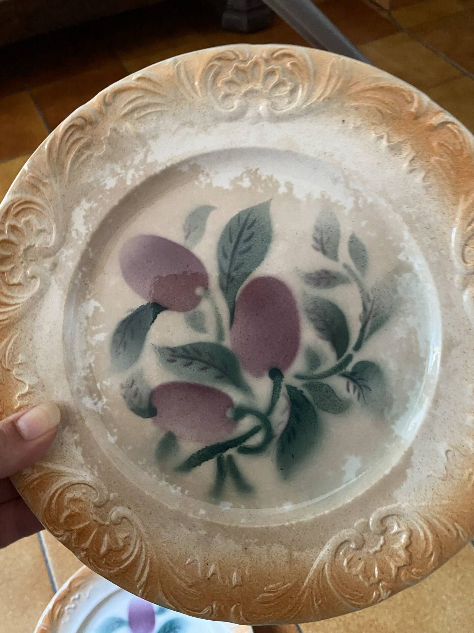 Old dessert plates in Digoin earthenware — Plum decoration (Lot