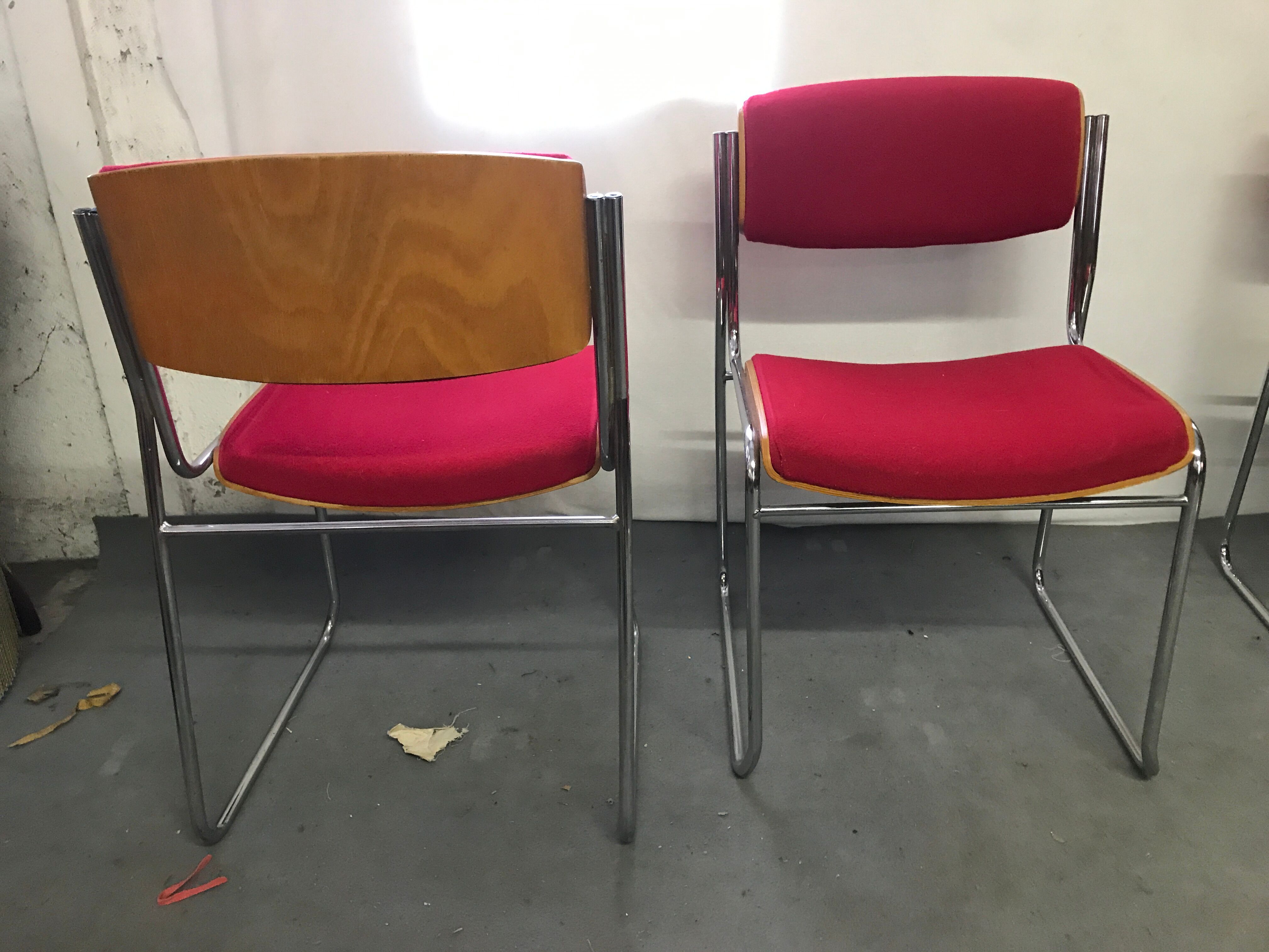 6 chrome chairs wood and red wool