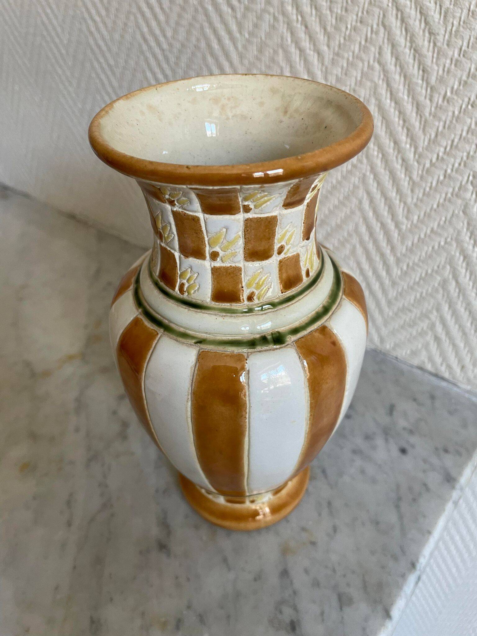 White and brown enamel vase Art Deco style