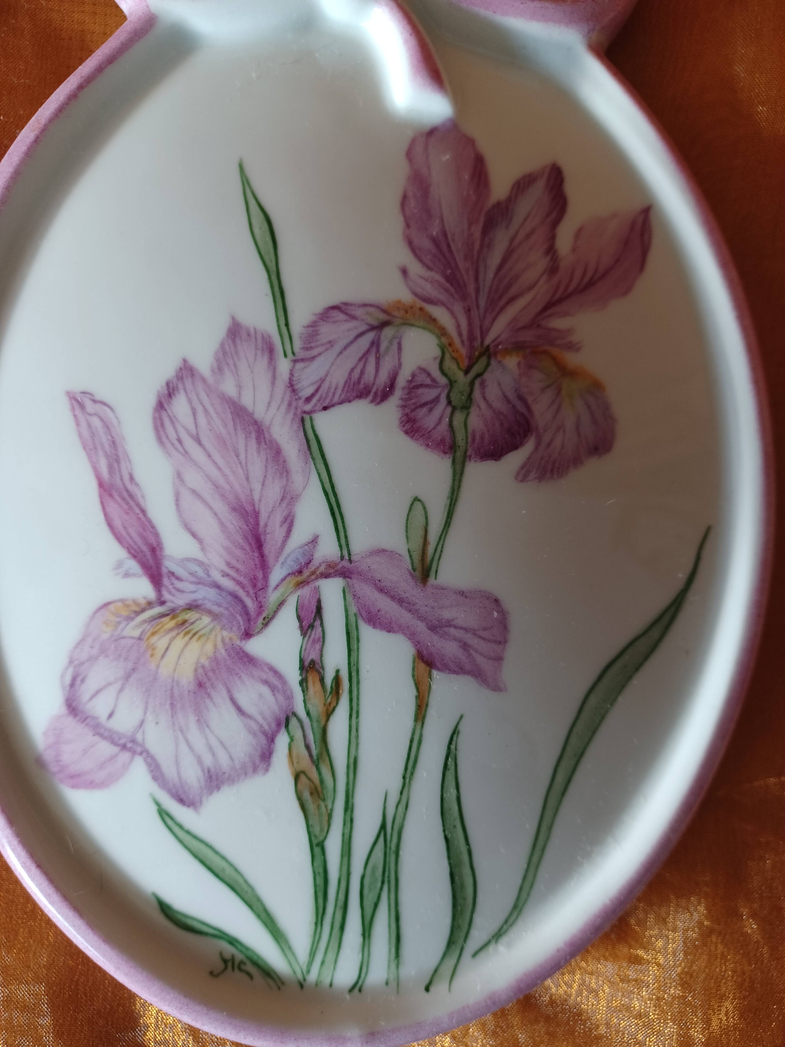 Hand Painted Porcelain Iris Flower Medallion.