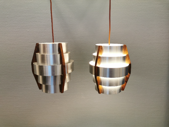 Hanging lamps, made of aluminium and rosewood veneer