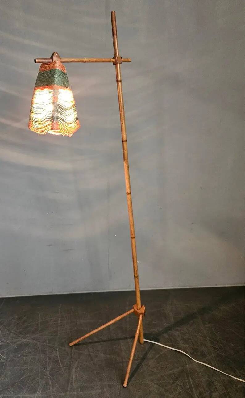 Rare Midcentury Floor Bambnoo and String Lamp, 1960s