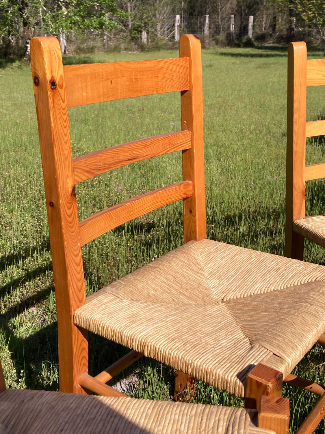 4 straw chairs in vintage pine wood 1980 1990