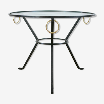 Coffee table black lacquered metal, glass and brass, France, circa 1950.