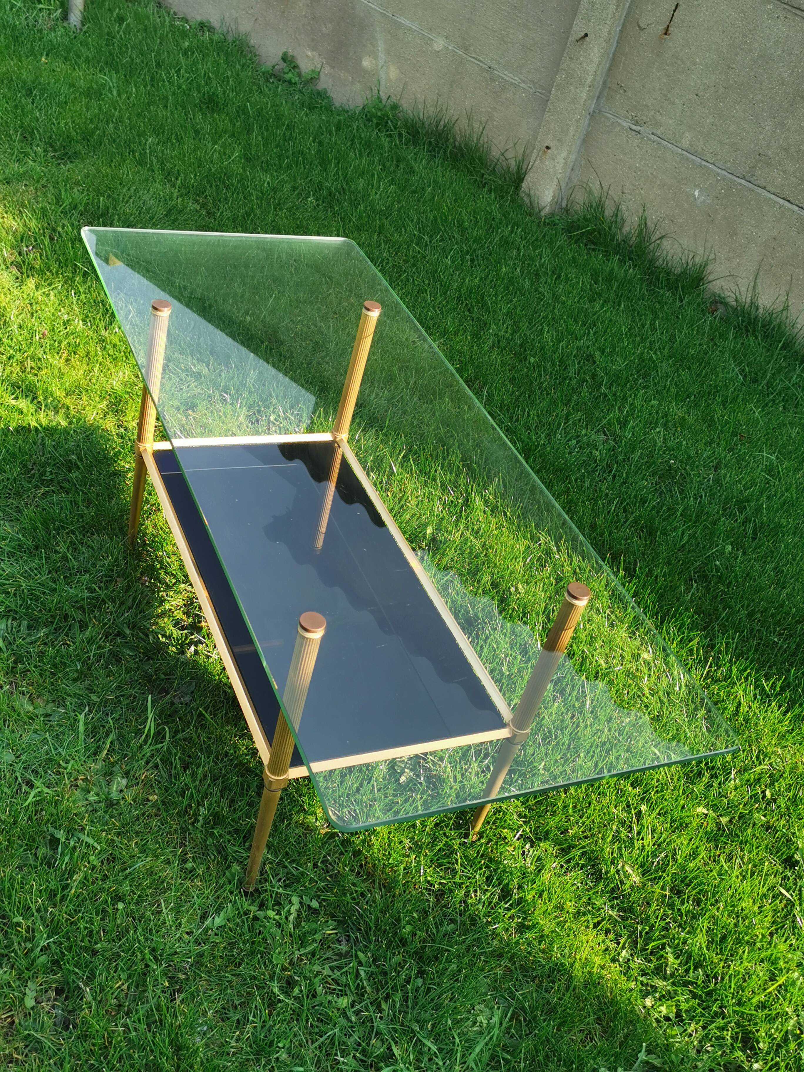 vintage coffee table, brass frame, glass and mirror tray, 50/60'S, 15 photos