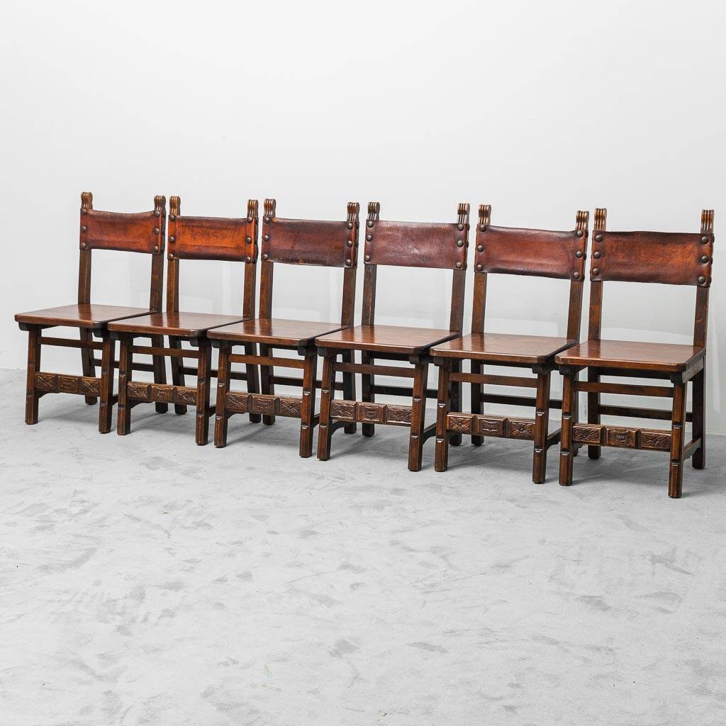 Set of 6 dining chairs in wood and brown leather, late 19th century