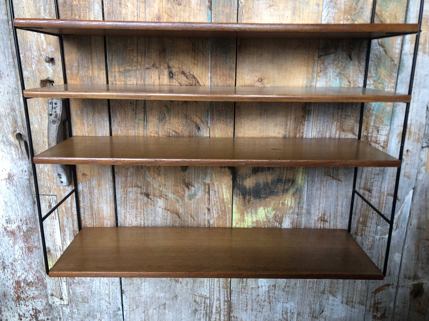 Ancienne etagère murale modulable tomado métal noir + bois clair vintage