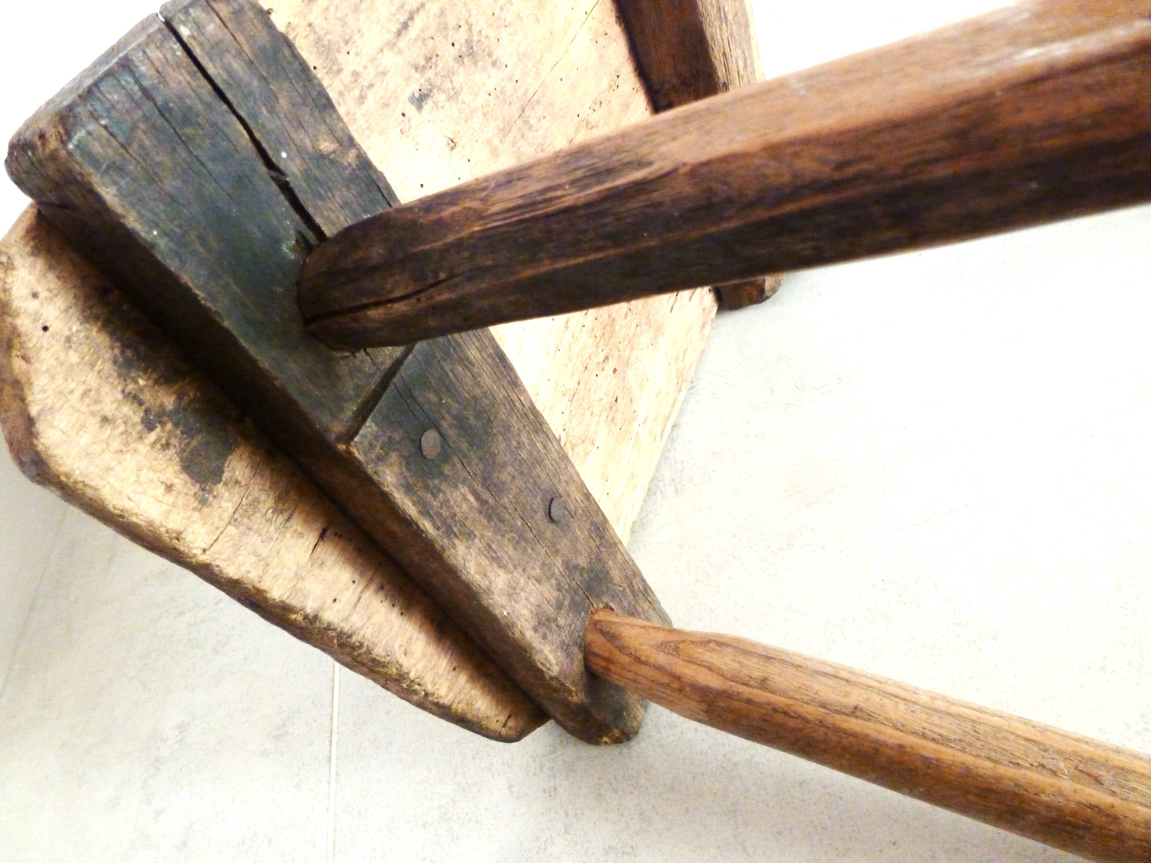 Old milking stool, old farm stool, primitive art.