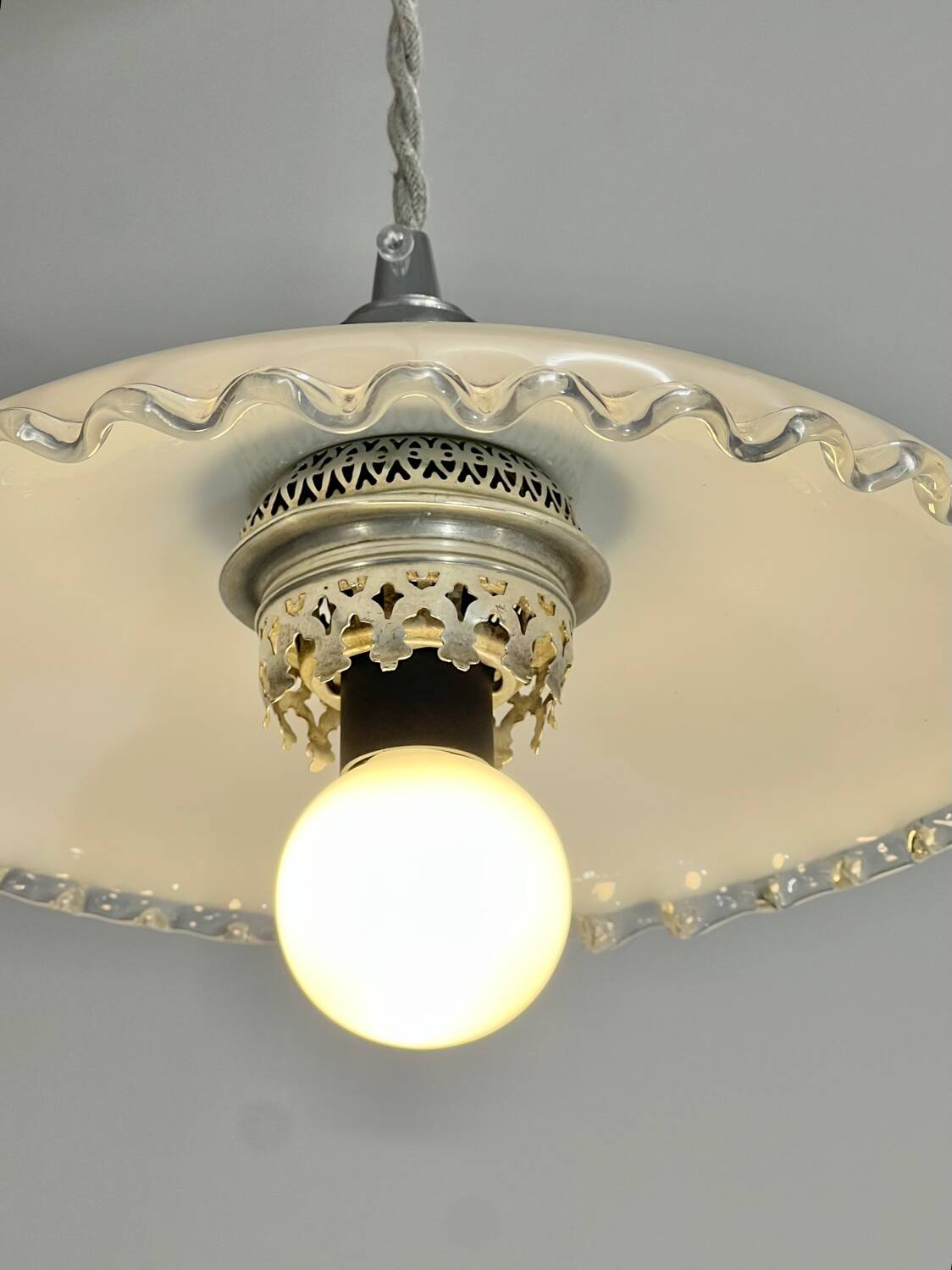 Art Deco opaline pendant light with metal lace balcony