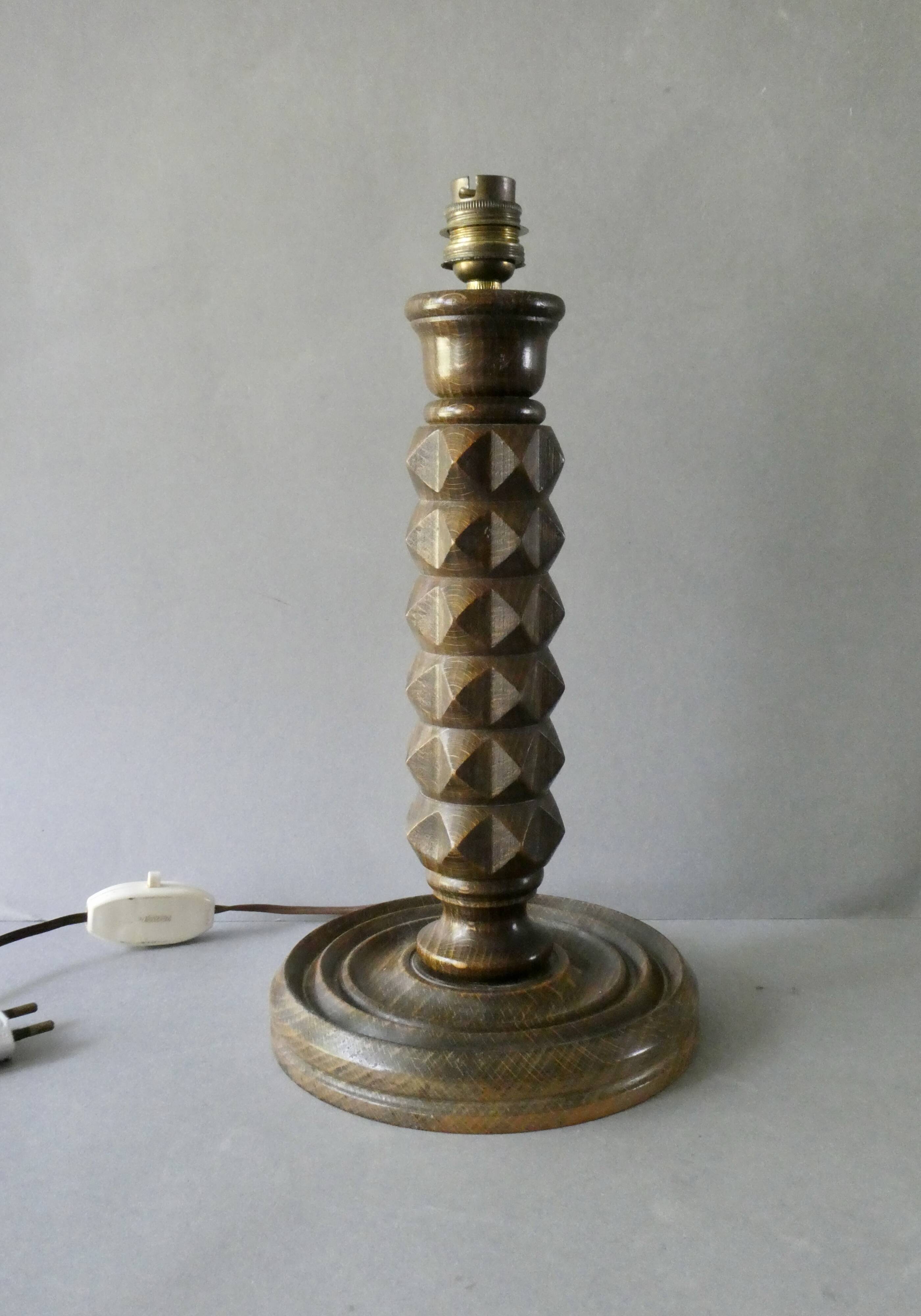 Turned wooden lamp, Charles Dudouyt style, around 1950.