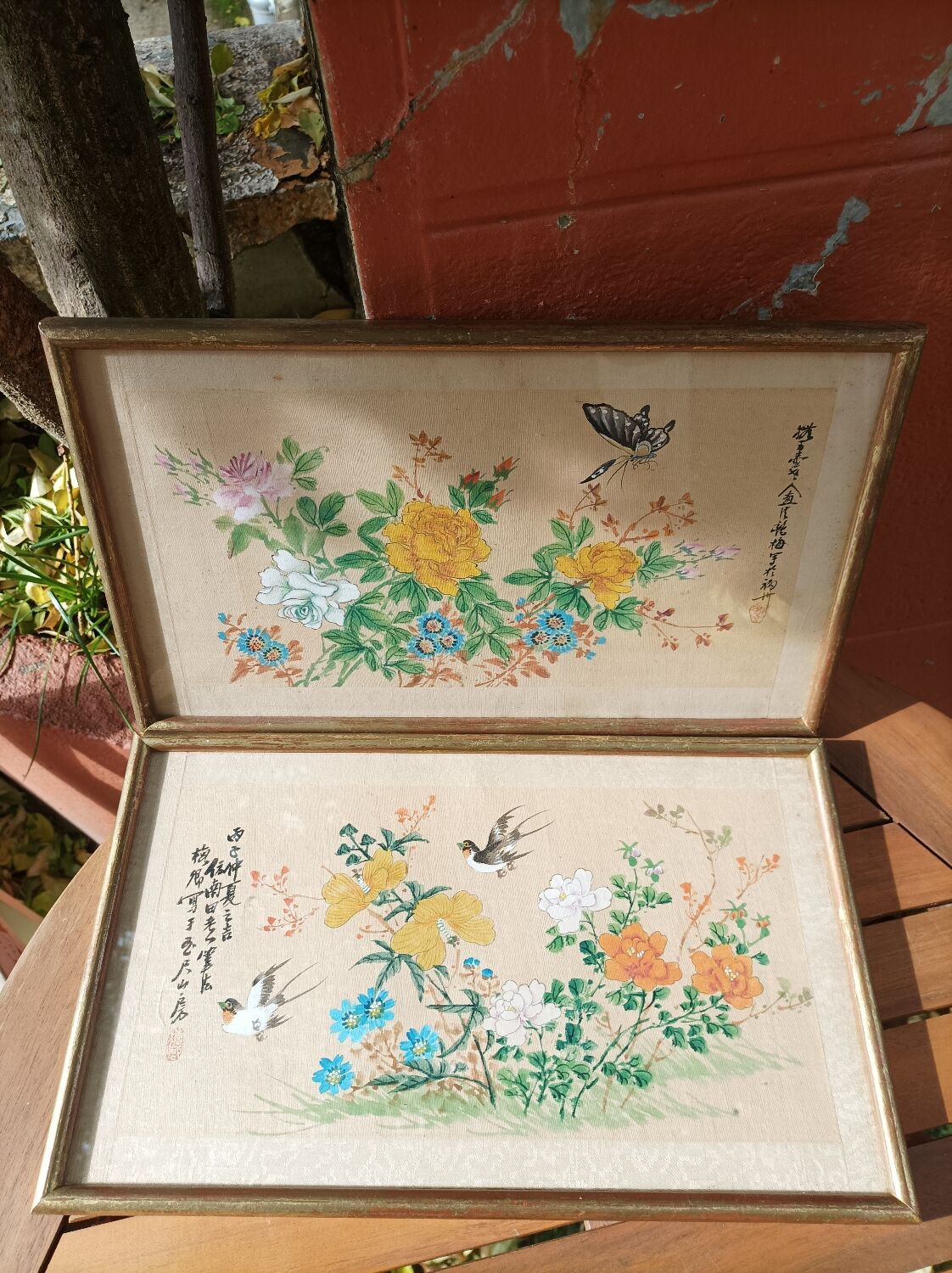 Set of 2 old framed hand-painted canvases signed