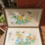Set of 2 old framed hand-painted canvases signed