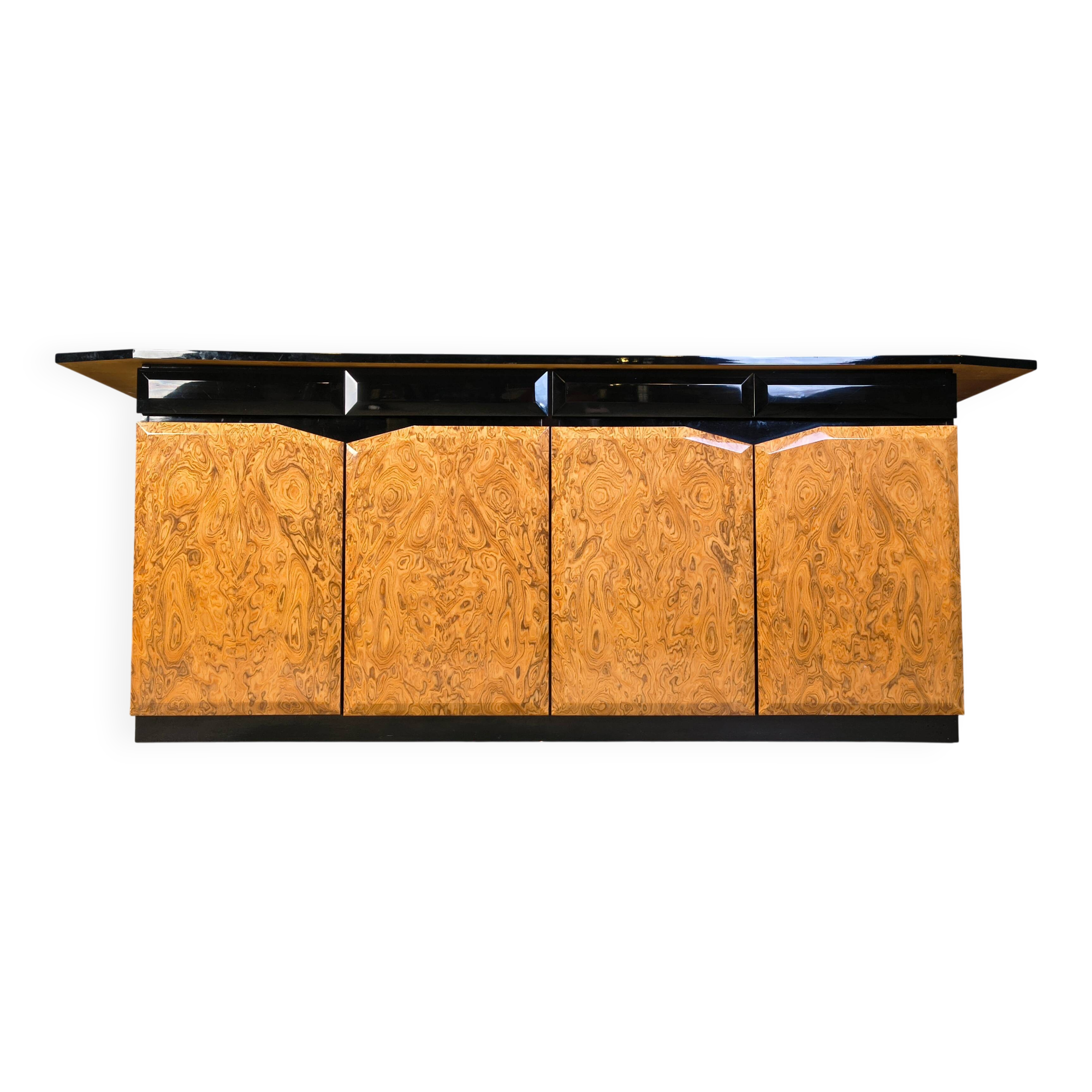 Vintage lacquer and burl wood credenza, 1980s