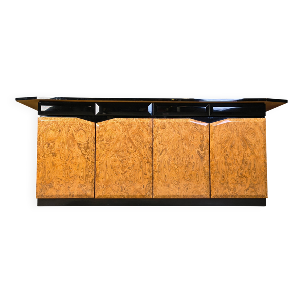 Buffet crédence en laque et bois de noyer, années 1980