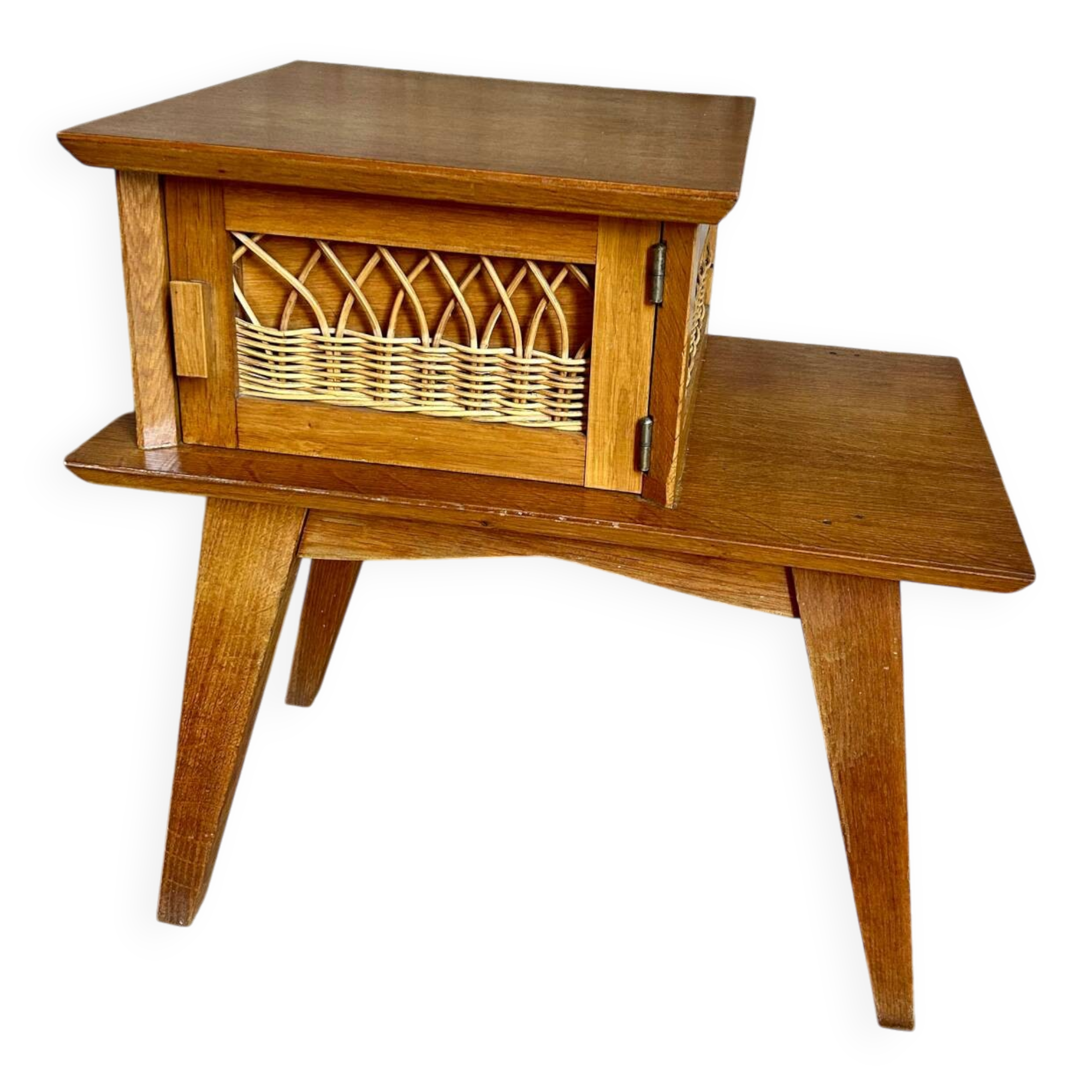 Vintage bedside table in wood & woven rattan