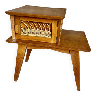 Vintage bedside table in wood & woven rattan