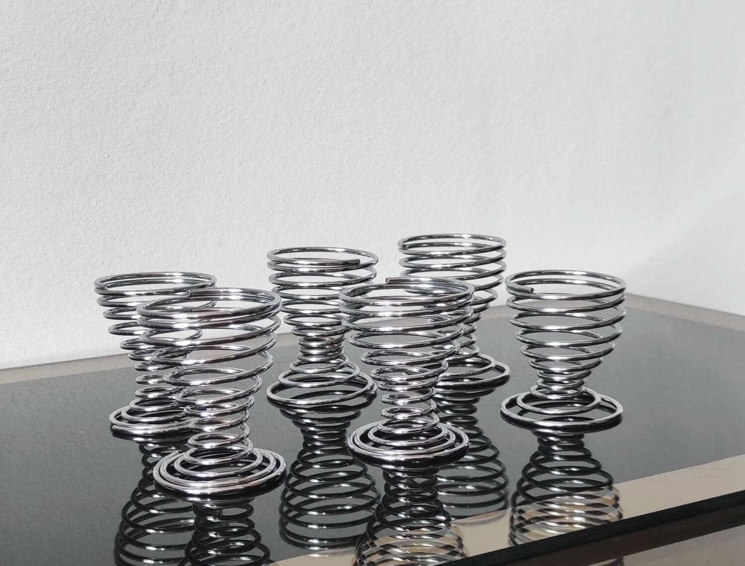 6 vintage chrome metal egg cups in spiral shape, 1970s