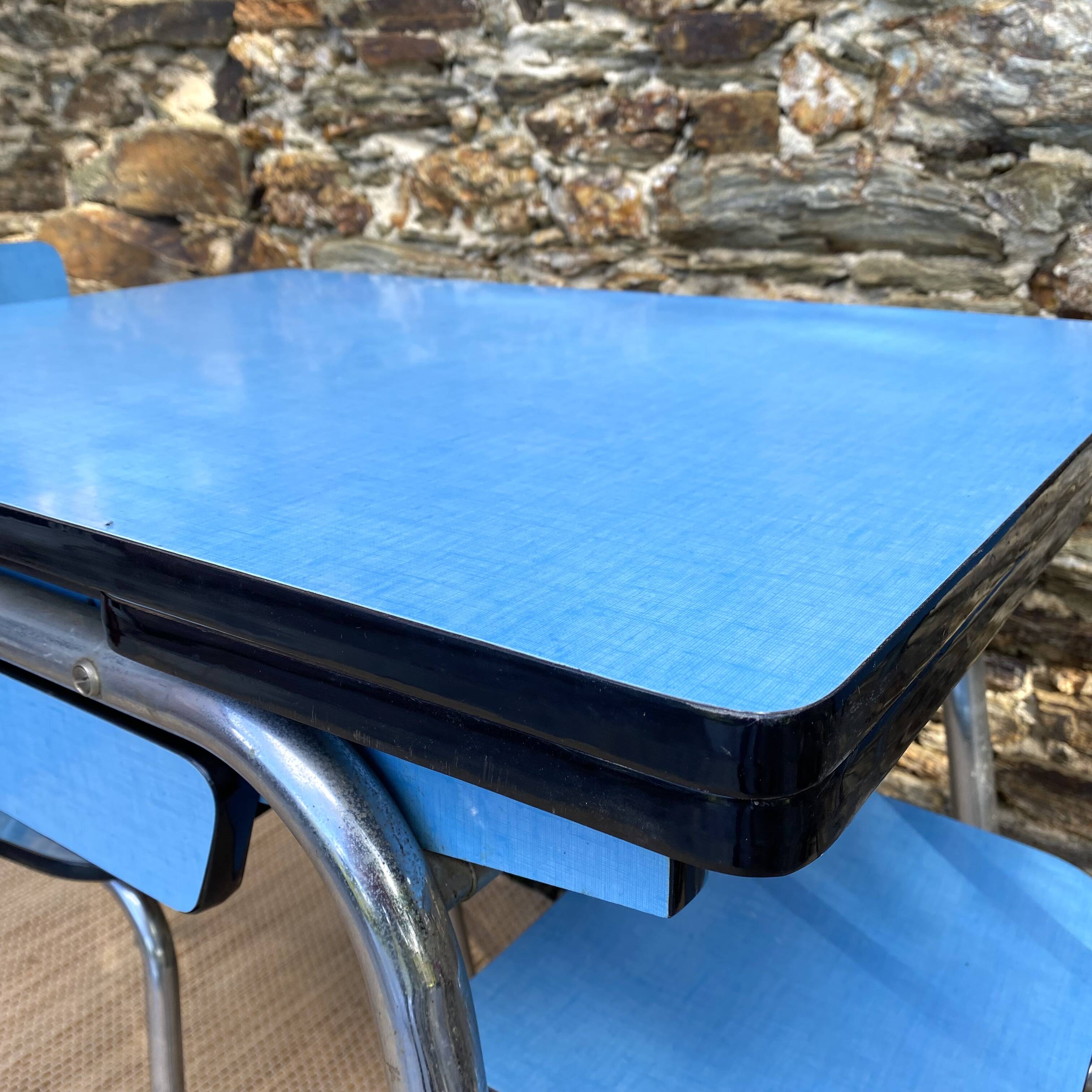 Extendable blue formica table and 2 chairs, 1960s