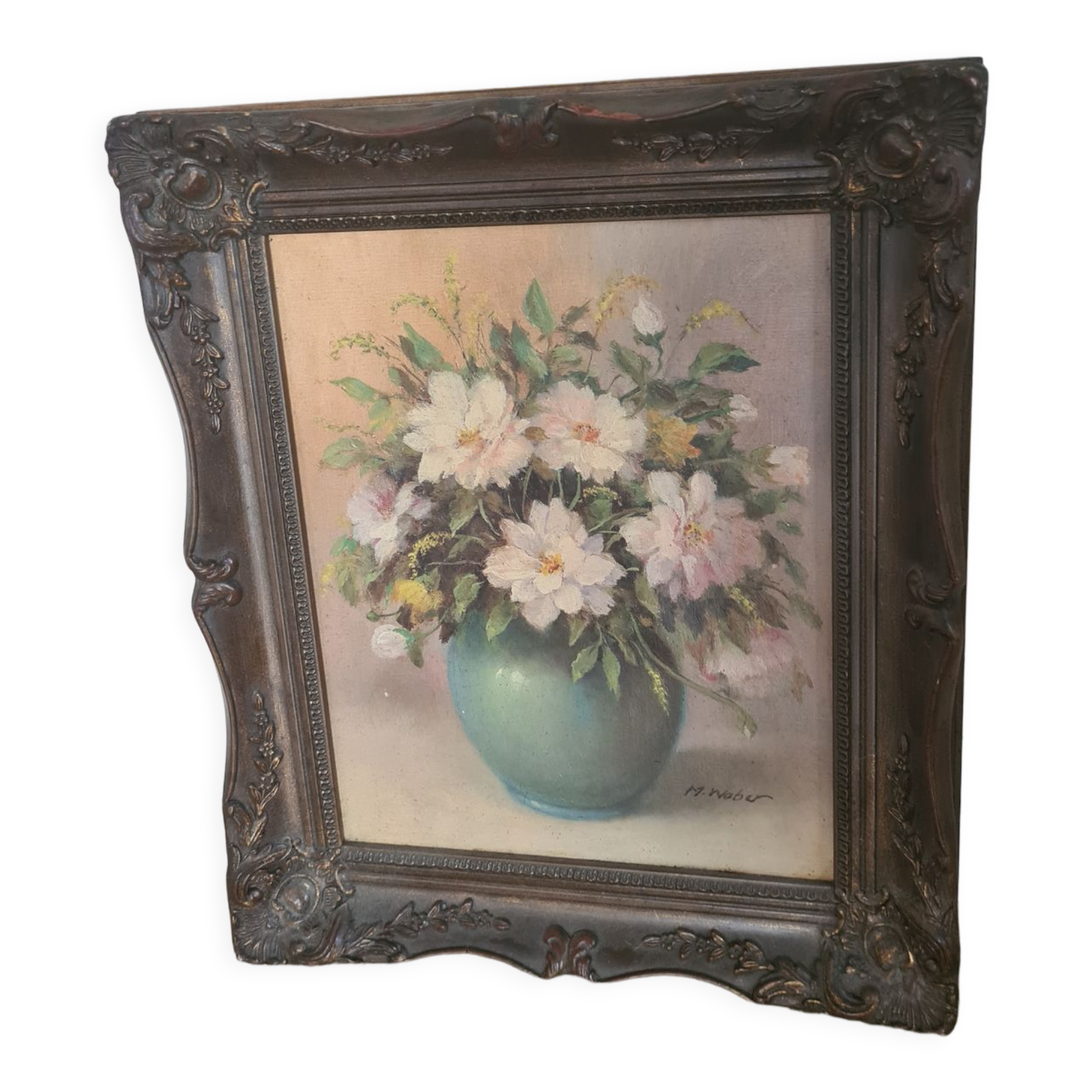 Old painting / oil painting by Mr. Weber (waber?) / flowers