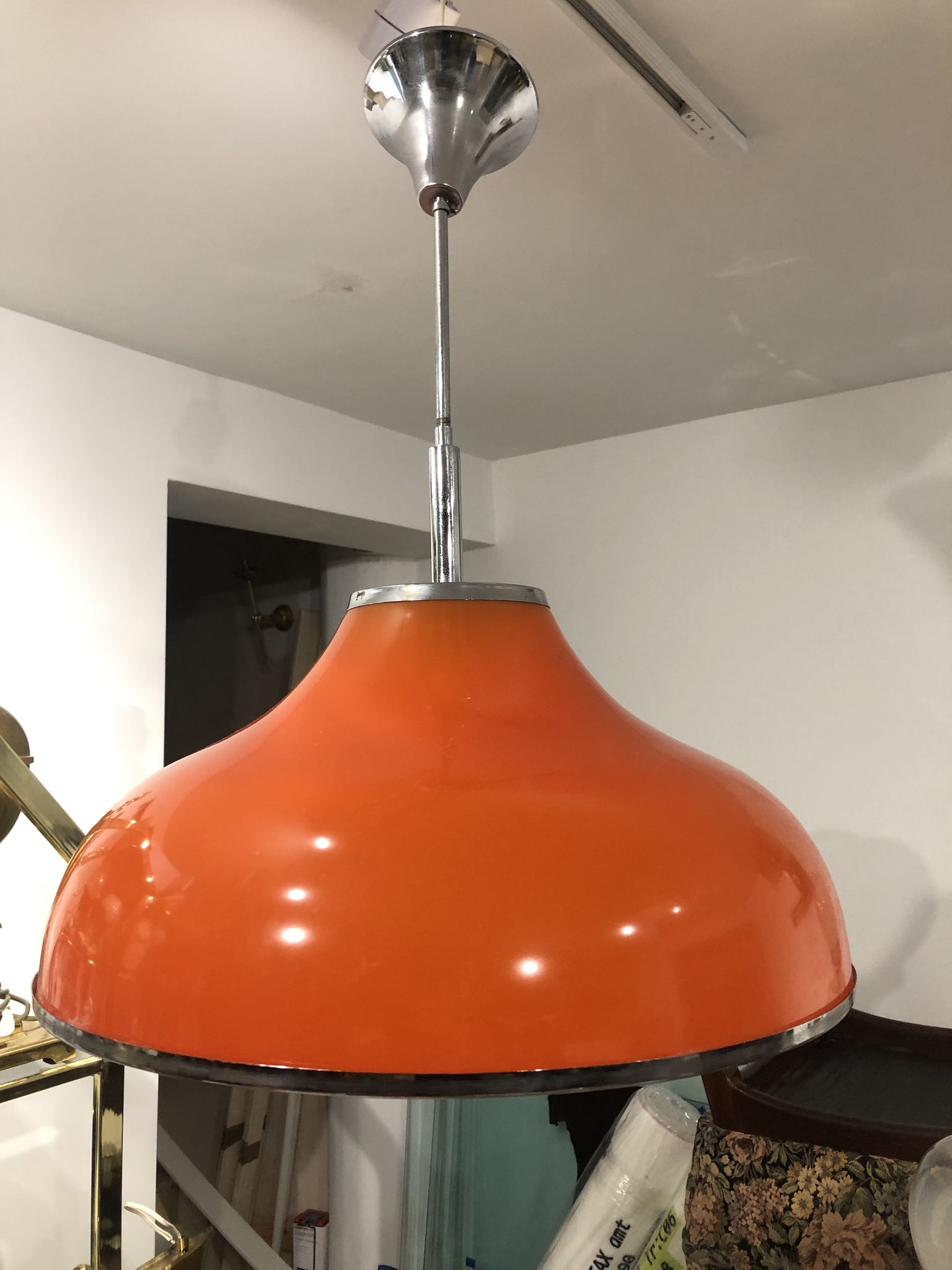 1960s Round Orange Chrome Pendant Light Guzzini style Bedroom Ceiling Lamp