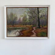 Vintage original forest landscape oil painting, circa 1960s