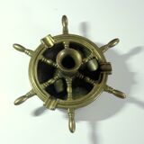 1960s solid brass ashtray in the shape of a steering wheel with a candle stick, vintage