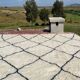 Very large vintage Beni Ouarain rug in cream wool with black diamonds, 426x344cm.