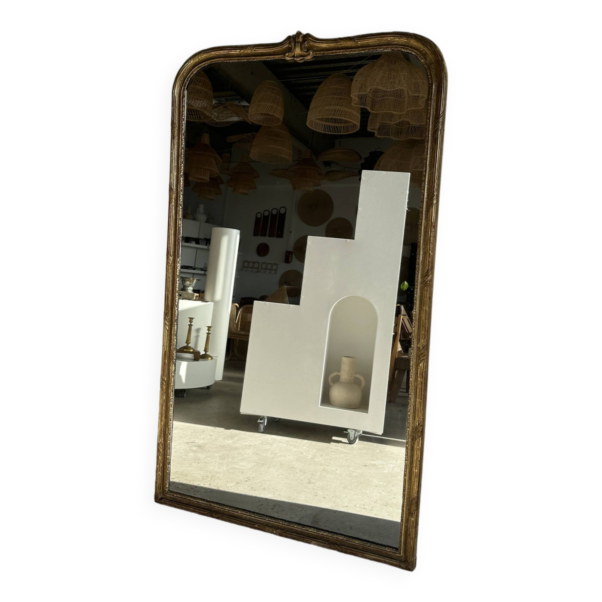 Large gilded mirror 19th century rounded corners mercury glass Louis XVI style