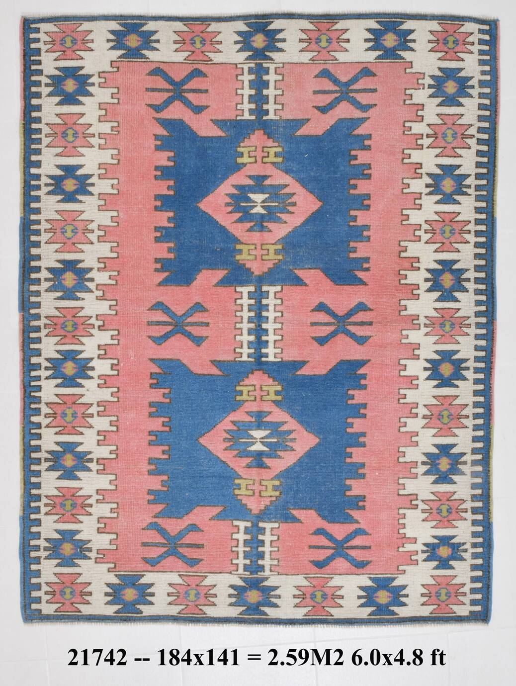 Dusty Pink & Blue Handmade Vintage Rug, 141x184 Cm