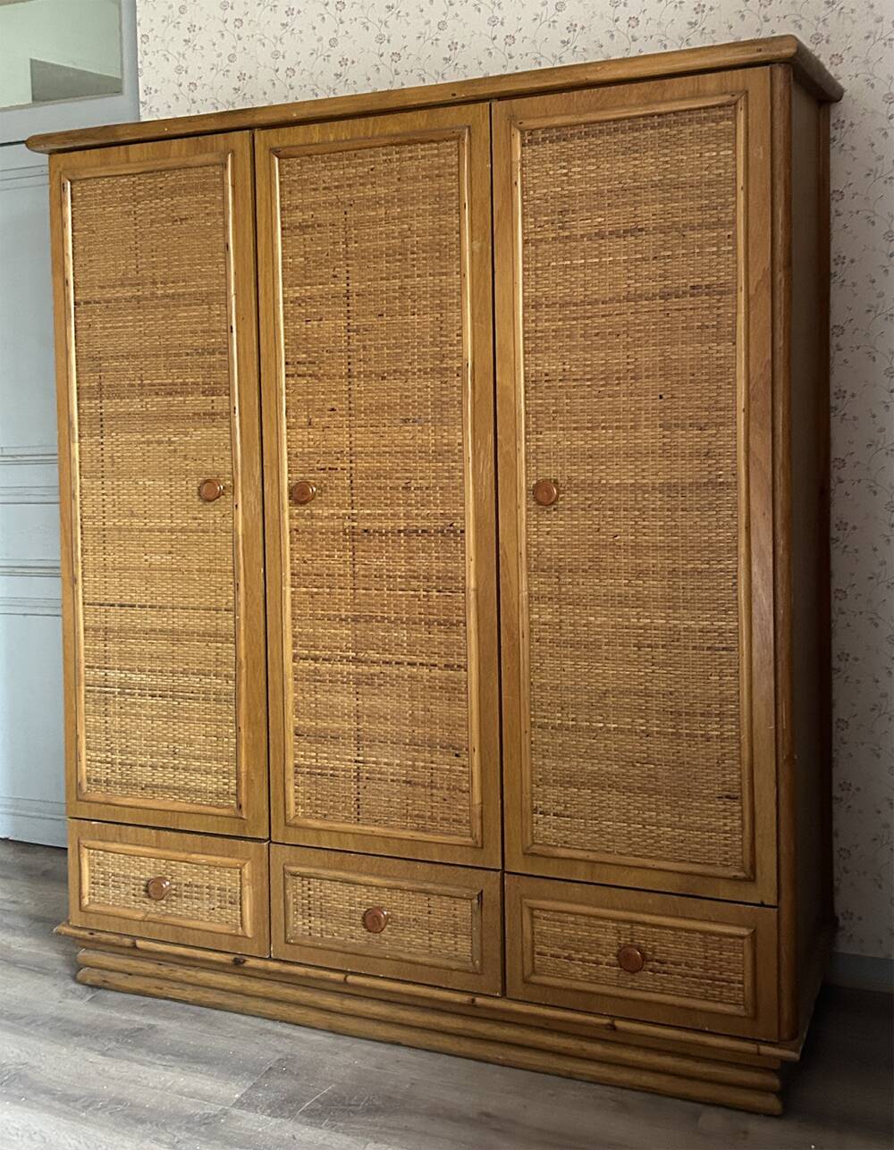 Vintage wardrobe, bamboo and rattan, Maugrion for Roche Bobois, 1980s