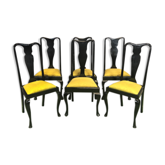 Suite of 6 Chippendale chairs in matte black patina mahogany