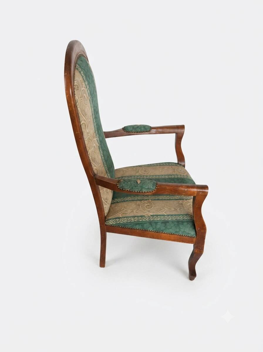 Vintage Voltaire Armchair Green and Beige with Floral Patterns